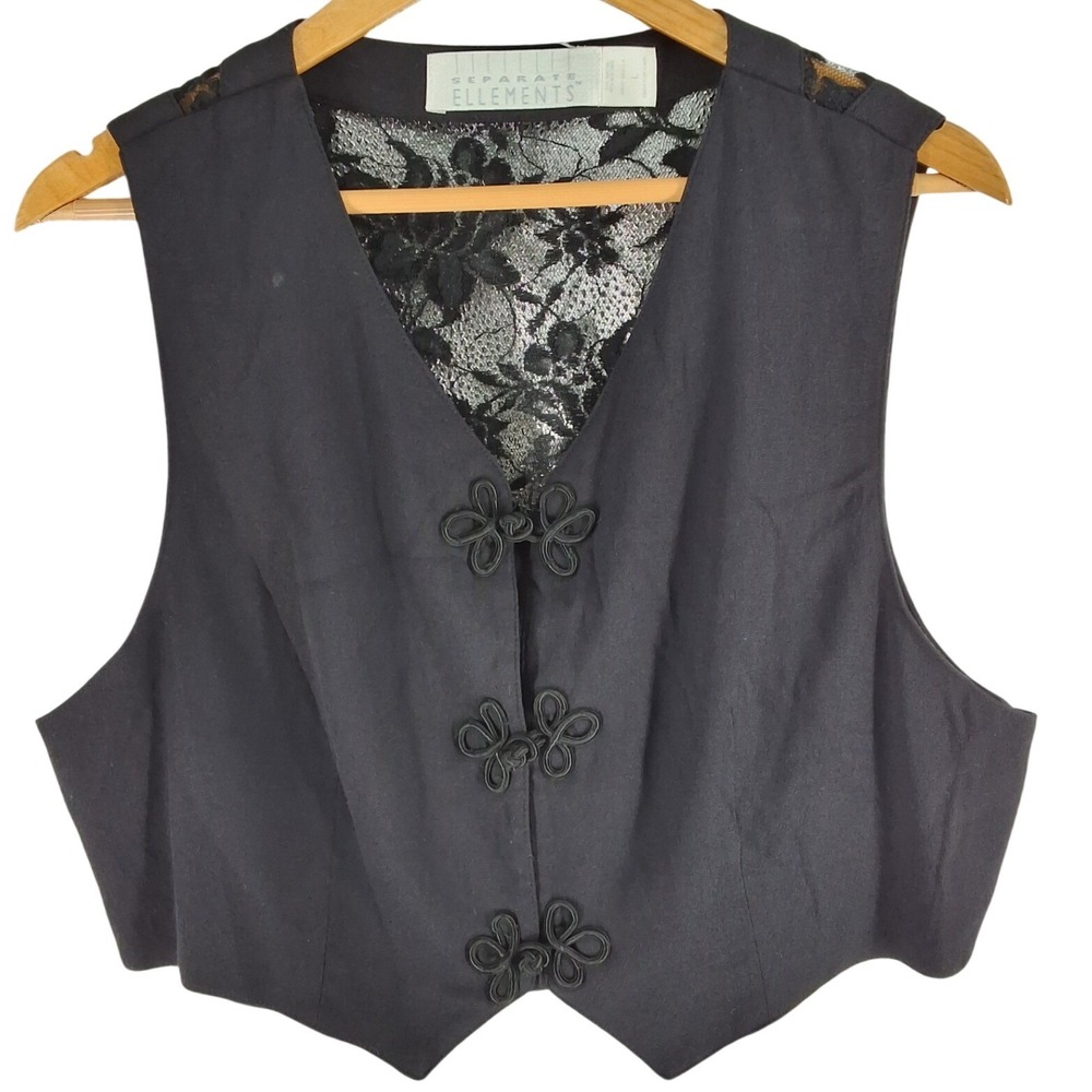 Vintage 90s Separate Ellements Black Cropped Vest Lace Back Frog Closure Women L
